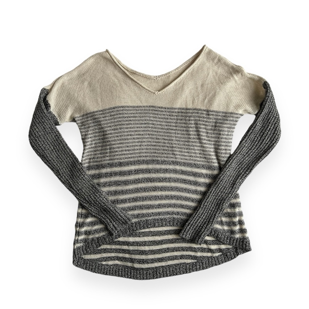 C&C California Cream & Grey Striped V-Neck Sweater Shark Bite Hem